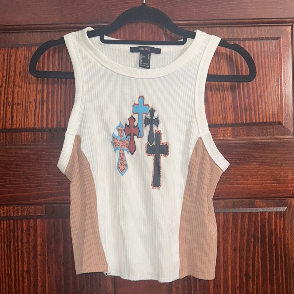 Forever 21 White and Brown Cross Pattern Tank Top